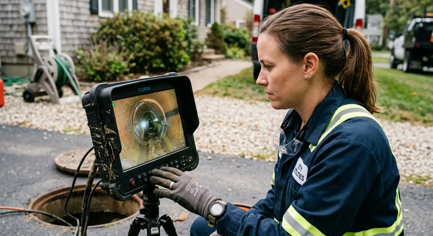 Technician reviewing sewer camera inspection footage in Clovis