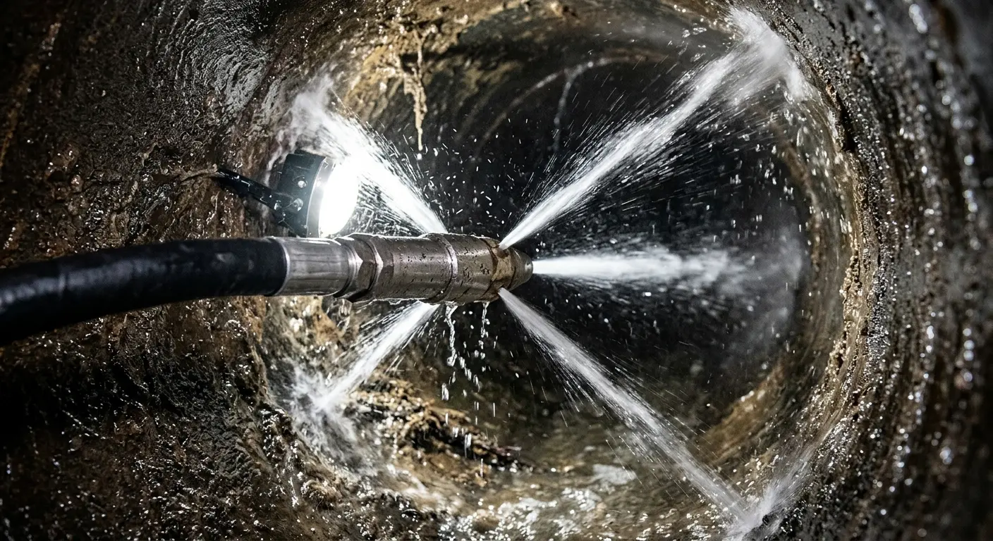 High-pressure hydro jetting nozzle cleaning sewer pipe for Emergency Drain Service in Clovis