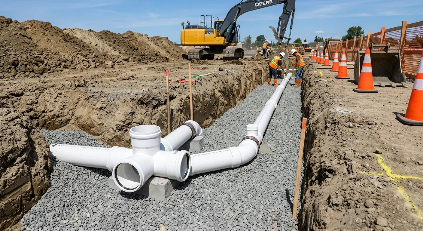 New PVC sewer pipe installation in open trench for Commercial Drain Cleaning in Clovis
