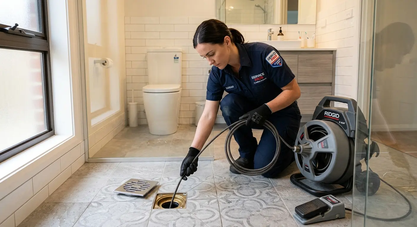 Technician clearing a bathroom floor drain for Drain Repair in Clovis